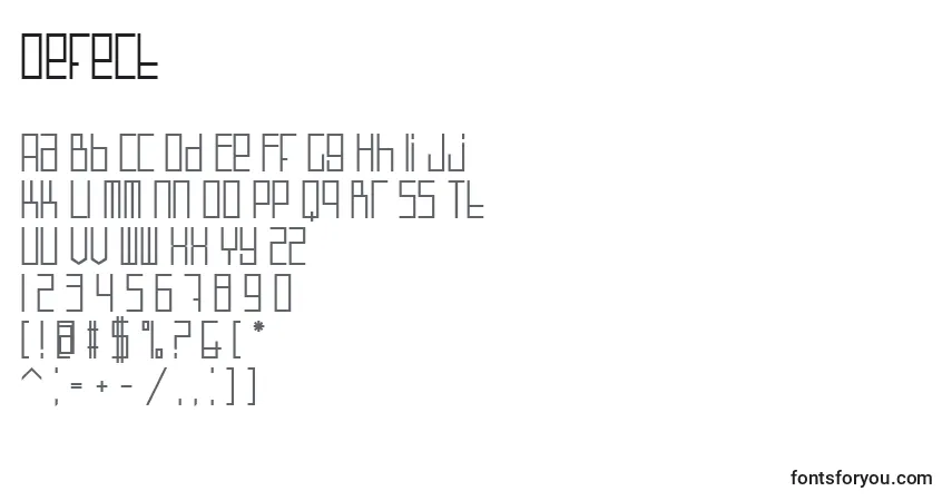 Czcionka Defect – alfabet, cyfry, specjalne znaki