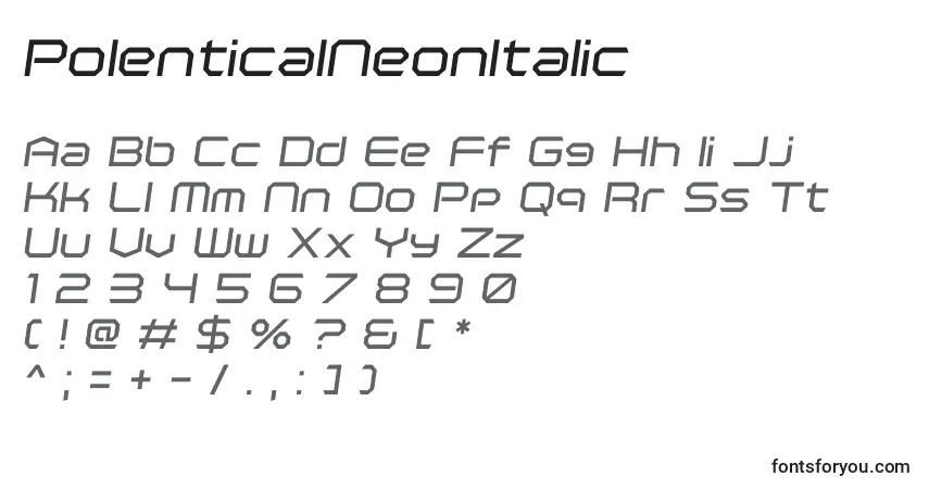 Czcionka PolenticalNeonItalic – alfabet, cyfry, specjalne znaki