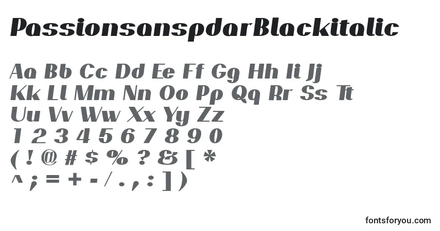 Czcionka PassionsanspdarBlackitalic – alfabet, cyfry, specjalne znaki