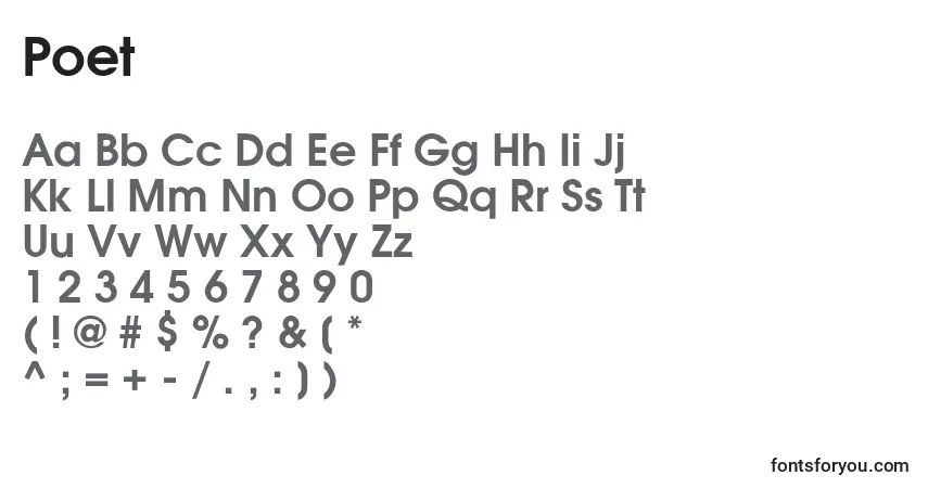 Czcionka Poet – alfabet, cyfry, specjalne znaki