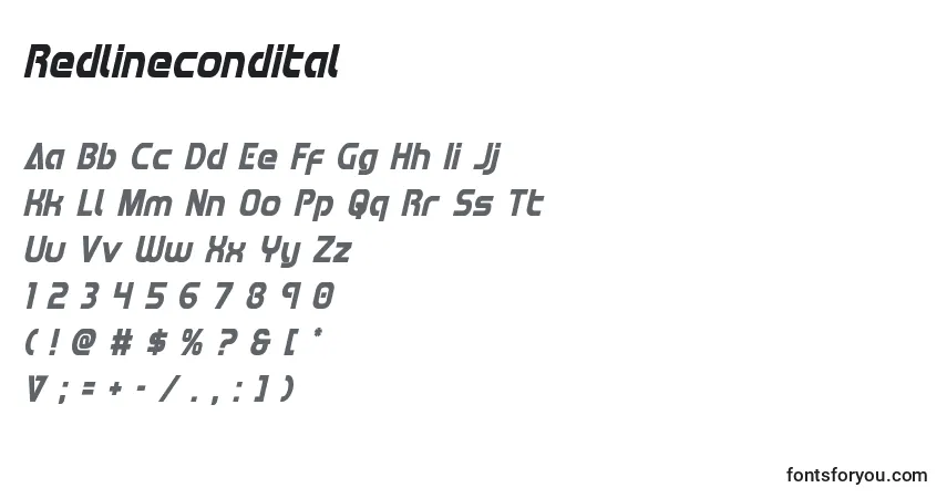 Czcionka Redlinecondital – alfabet, cyfry, specjalne znaki