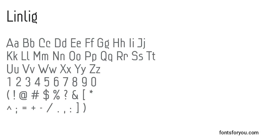 A fonte Linlig – alfabeto, números, caracteres especiais