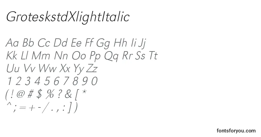 A fonte GroteskstdXlightItalic – alfabeto, números, caracteres especiais