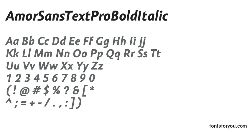 Schriftart AmorSansTextProBoldItalic – Alphabet, Zahlen, spezielle Symbole