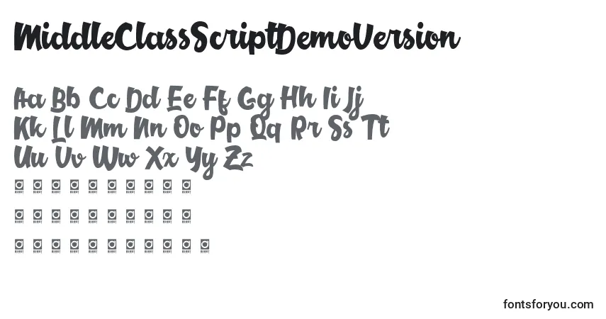 A fonte MiddleClassScriptDemoVersion – alfabeto, números, caracteres especiais