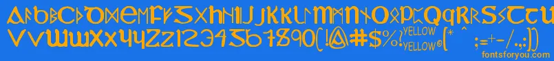 フォントYyUncialMostIrish – オレンジ色の文字が青い背景にあります。