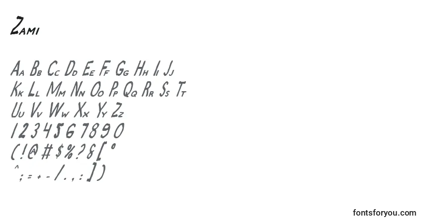 Fuente Zami - alfabeto, números, caracteres especiales