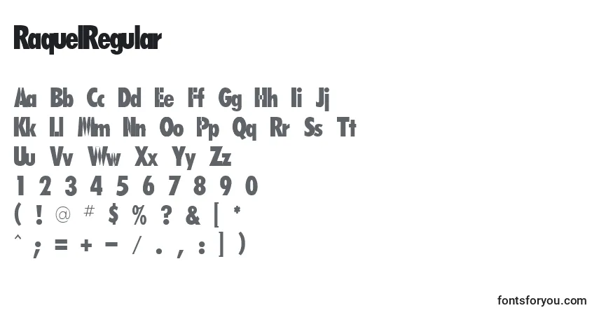 Czcionka RaquelRegular – alfabet, cyfry, specjalne znaki