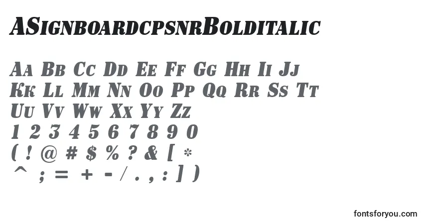 A fonte ASignboardcpsnrBolditalic – alfabeto, números, caracteres especiais