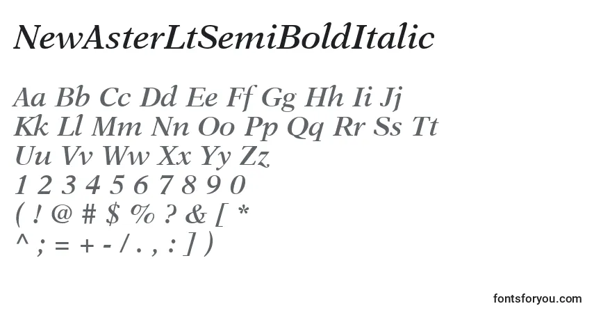 A fonte NewAsterLtSemiBoldItalic – alfabeto, números, caracteres especiais