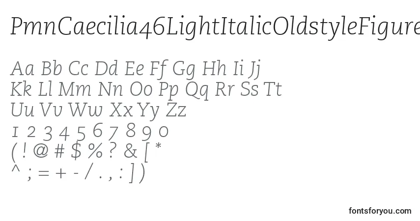 Шрифт PmnCaecilia46LightItalicOldstyleFigures – алфавит, цифры, специальные символы
