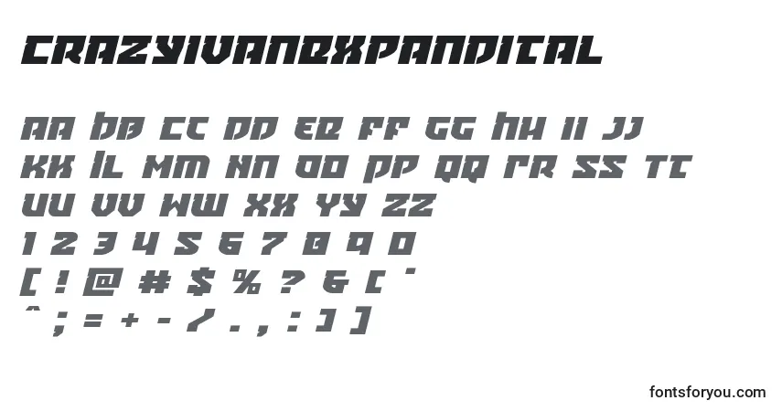 Шрифт Crazyivanexpandital – алфавит, цифры, специальные символы