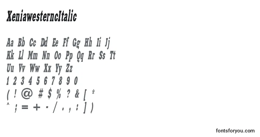 Шрифт XeniawesterncItalic – алфавит, цифры, специальные символы