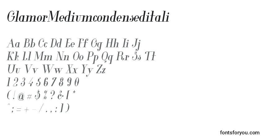 Шрифт GlamorMediumcondenseditali (55360) – алфавит, цифры, специальные символы