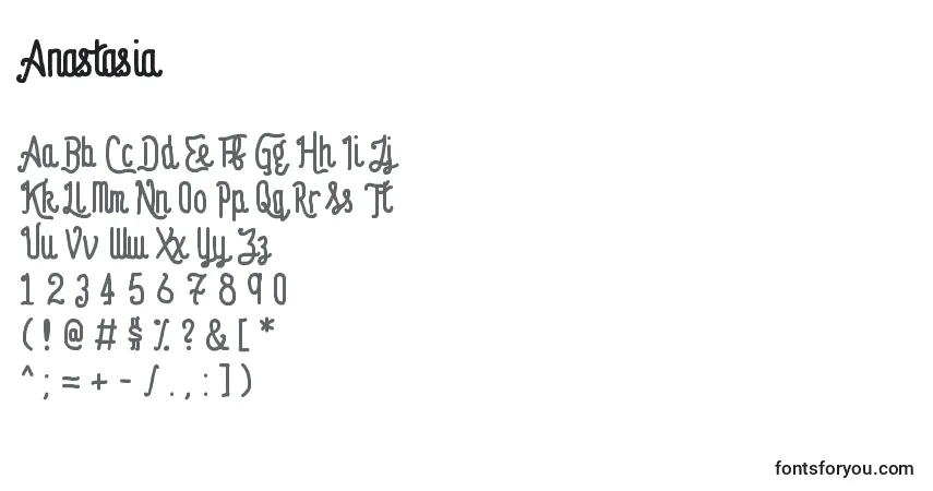 Czcionka Anastasia – alfabet, cyfry, specjalne znaki