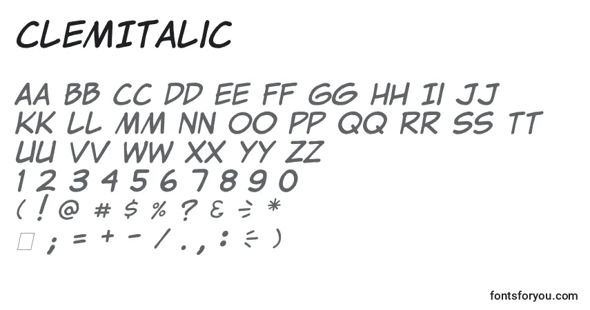 Czcionka ClemItalic – alfabet, cyfry, specjalne znaki