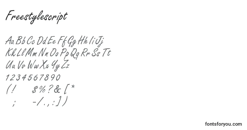Czcionka Freestylescript – alfabet, cyfry, specjalne znaki