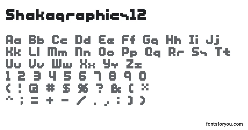 Czcionka Shakagraphics12 – alfabet, cyfry, specjalne znaki