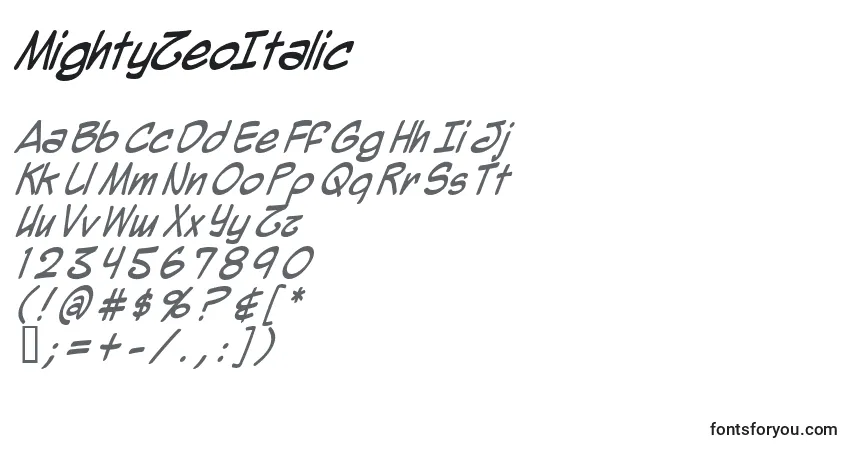 A fonte MightyZeoItalic – alfabeto, números, caracteres especiais