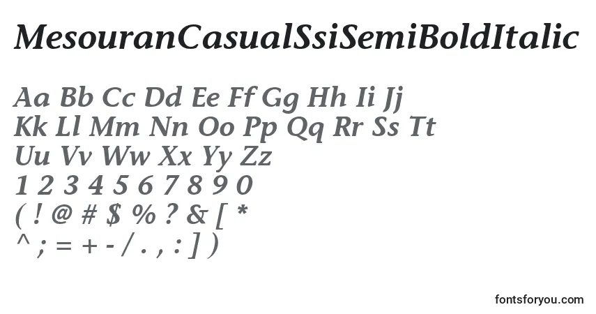 A fonte MesouranCasualSsiSemiBoldItalic – alfabeto, números, caracteres especiais