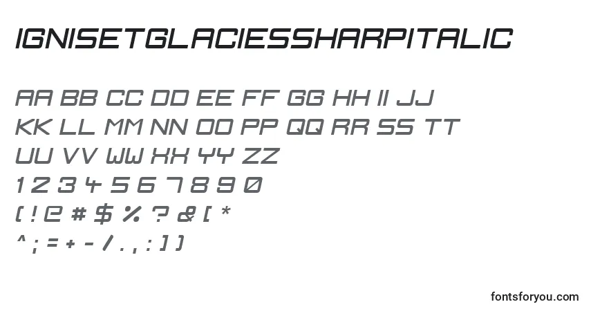 Шрифт IgnisEtGlaciesSharpItalic – алфавит, цифры, специальные символы