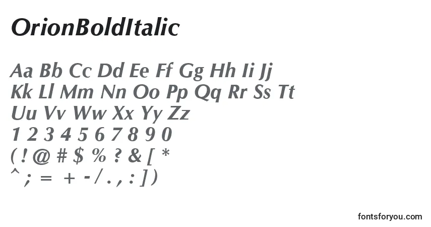 A fonte OrionBoldItalic – alfabeto, números, caracteres especiais