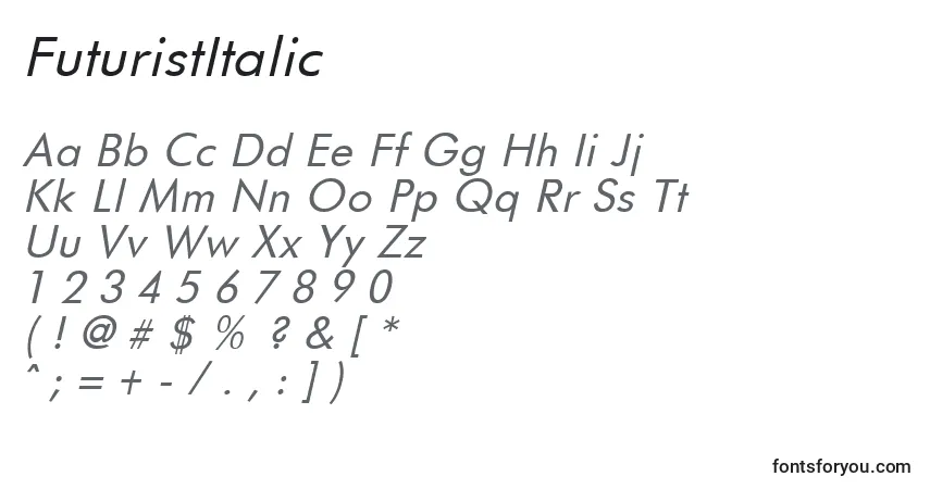 Schriftart FuturistItalic – Alphabet, Zahlen, spezielle Symbole