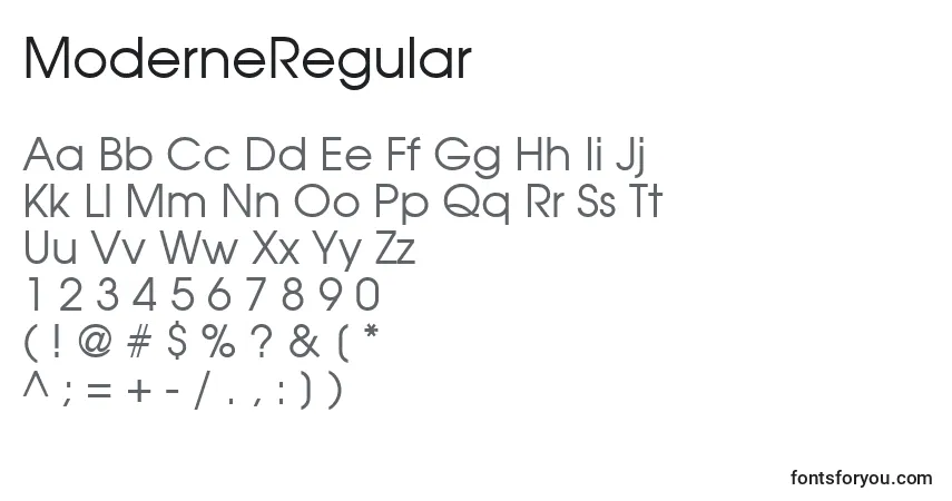 Schriftart ModerneRegular – Alphabet, Zahlen, spezielle Symbole