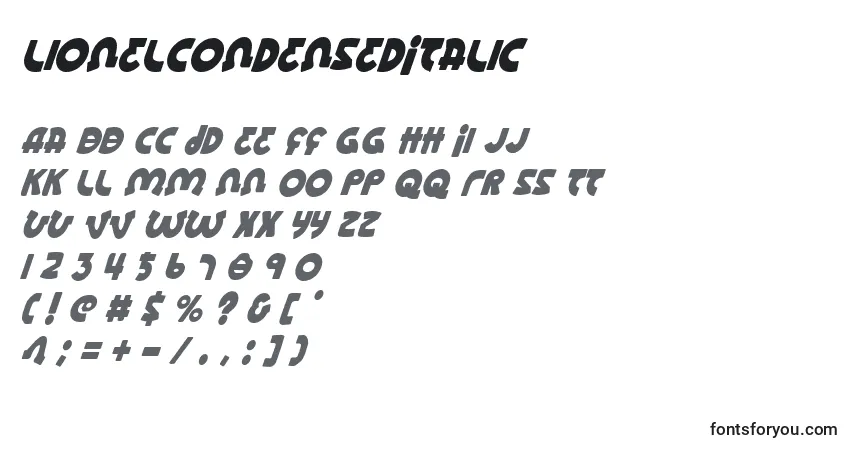 Шрифт LionelCondensedItalic – алфавит, цифры, специальные символы