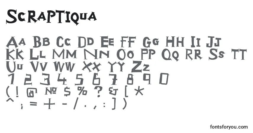 Scraptiqua-fontti – aakkoset, numerot, erikoismerkit