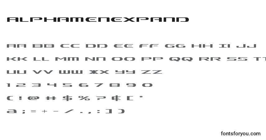 Czcionka Alphamenexpand – alfabet, cyfry, specjalne znaki