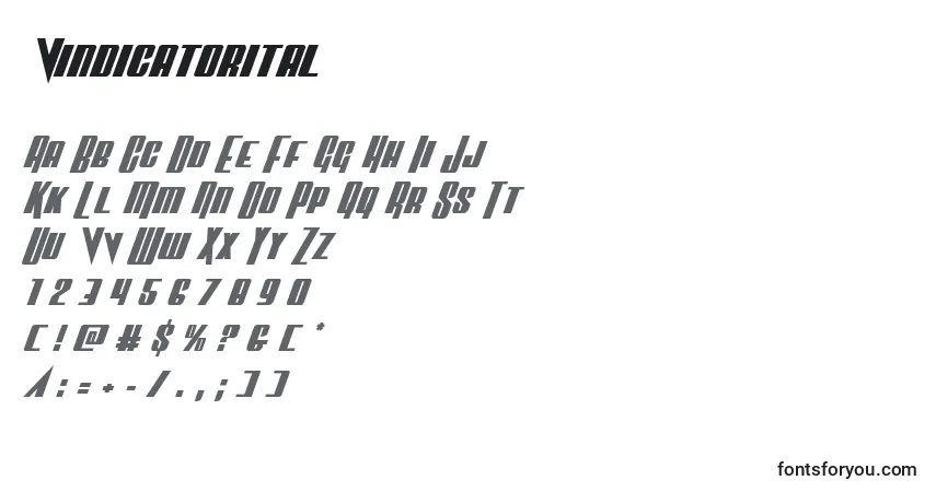 Czcionka Vindicatorital – alfabet, cyfry, specjalne znaki