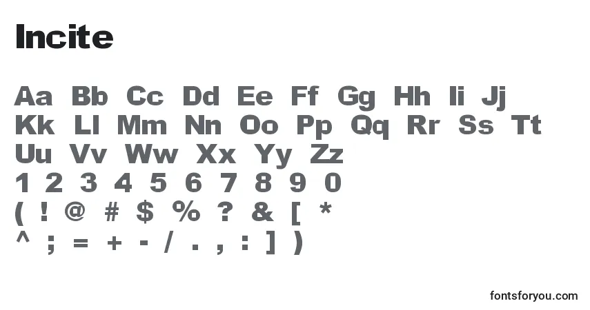 Czcionka Incite – alfabet, cyfry, specjalne znaki