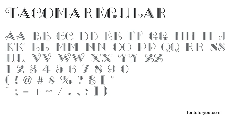 Czcionka TacomaRegular – alfabet, cyfry, specjalne znaki