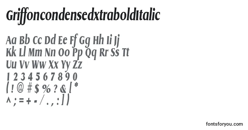 A fonte GriffoncondensedxtraboldItalic – alfabeto, números, caracteres especiais