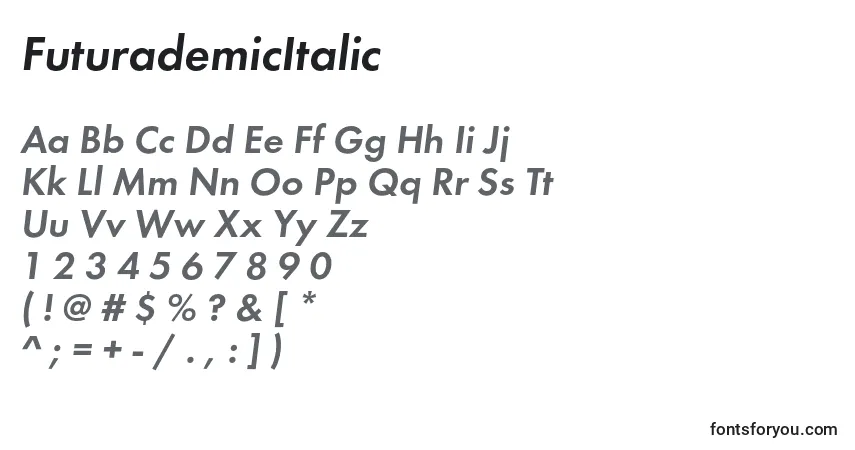 Schriftart FuturademicItalic – Alphabet, Zahlen, spezielle Symbole