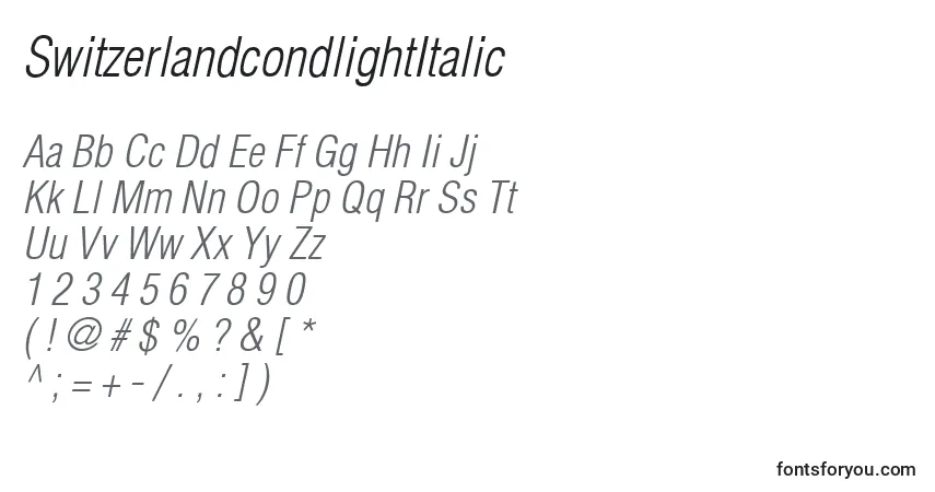 A fonte SwitzerlandcondlightItalic – alfabeto, números, caracteres especiais
