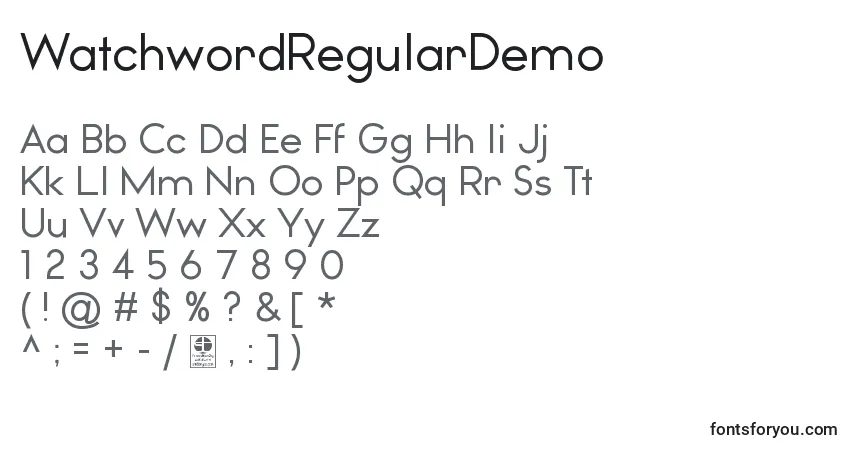 Шрифт WatchwordRegularDemo – алфавит, цифры, специальные символы