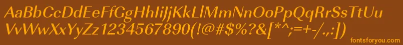 フォントUrwimperialtmedOblique – オレンジ色の文字が茶色の背景にあります。