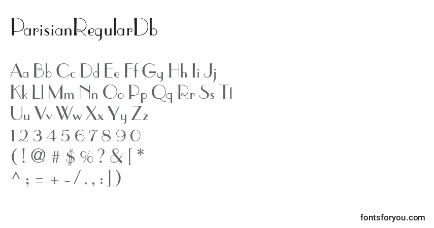 Czcionka ParisianRegularDb – alfabet, cyfry, specjalne znaki