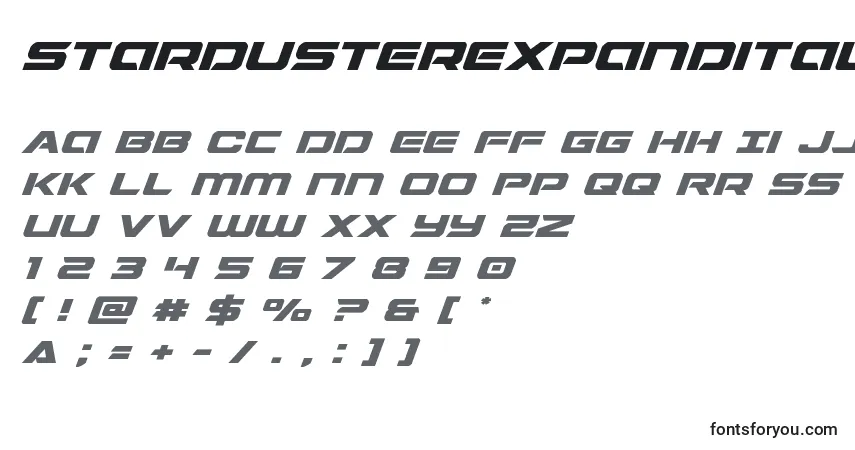 Schriftart Stardusterexpandital – Alphabet, Zahlen, spezielle Symbole