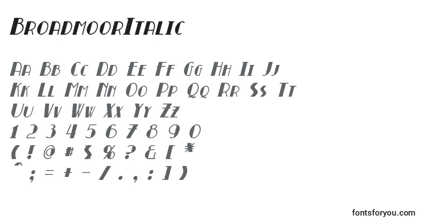 A fonte BroadmoorItalic – alfabeto, números, caracteres especiais