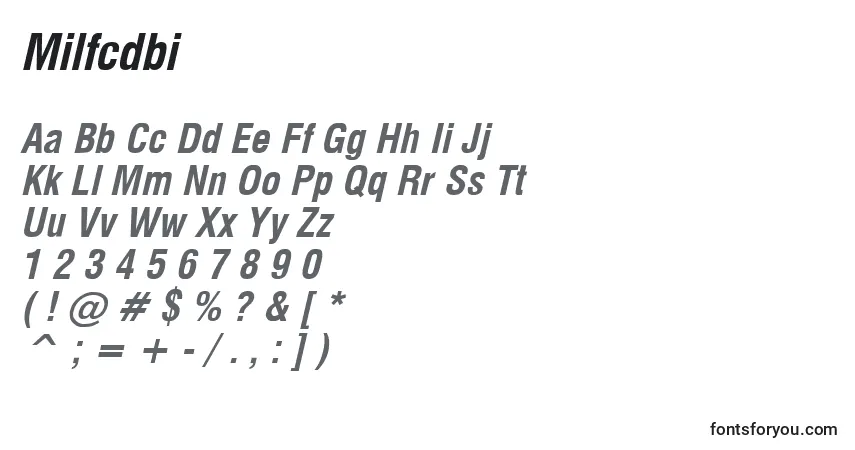A fonte Milfcdbi – alfabeto, números, caracteres especiais