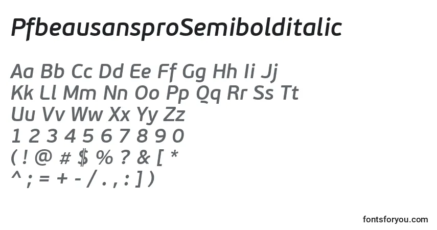 A fonte PfbeausansproSemibolditalic – alfabeto, números, caracteres especiais