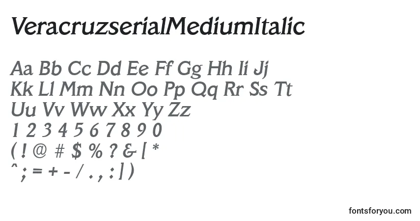 A fonte VeracruzserialMediumItalic – alfabeto, números, caracteres especiais