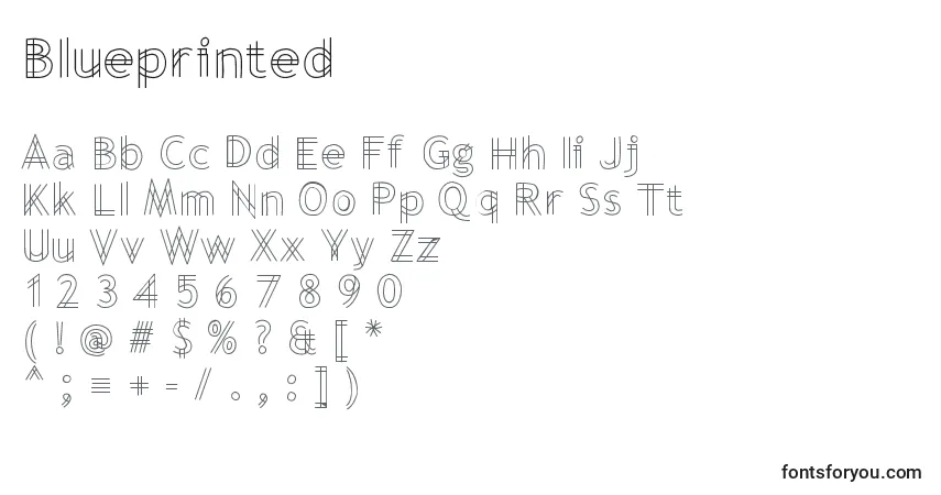 Czcionka Blueprinted – alfabet, cyfry, specjalne znaki