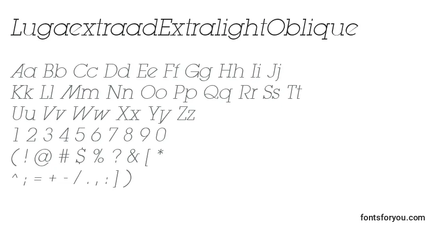 Шрифт LugaextraadExtralightOblique – алфавит, цифры, специальные символы