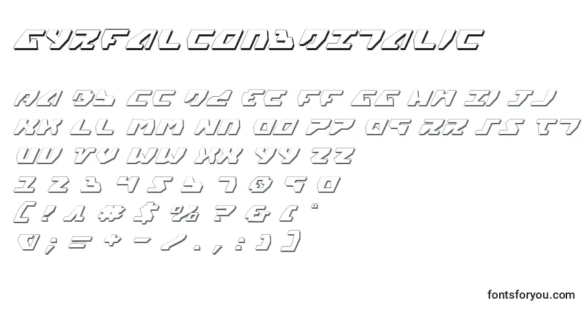 Czcionka Gyrfalcon3DItalic – alfabet, cyfry, specjalne znaki