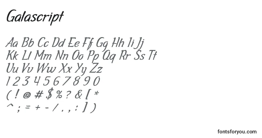 Czcionka Galascript – alfabet, cyfry, specjalne znaki
