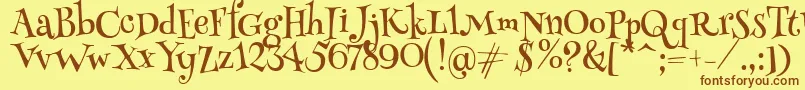 HennypennyRegular-Schriftart – Braune Schriften auf gelbem Hintergrund